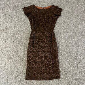 50s Chocolate Brown Floral Pencil Cocktail Dress Satin Vintage Frank Meyerson XS